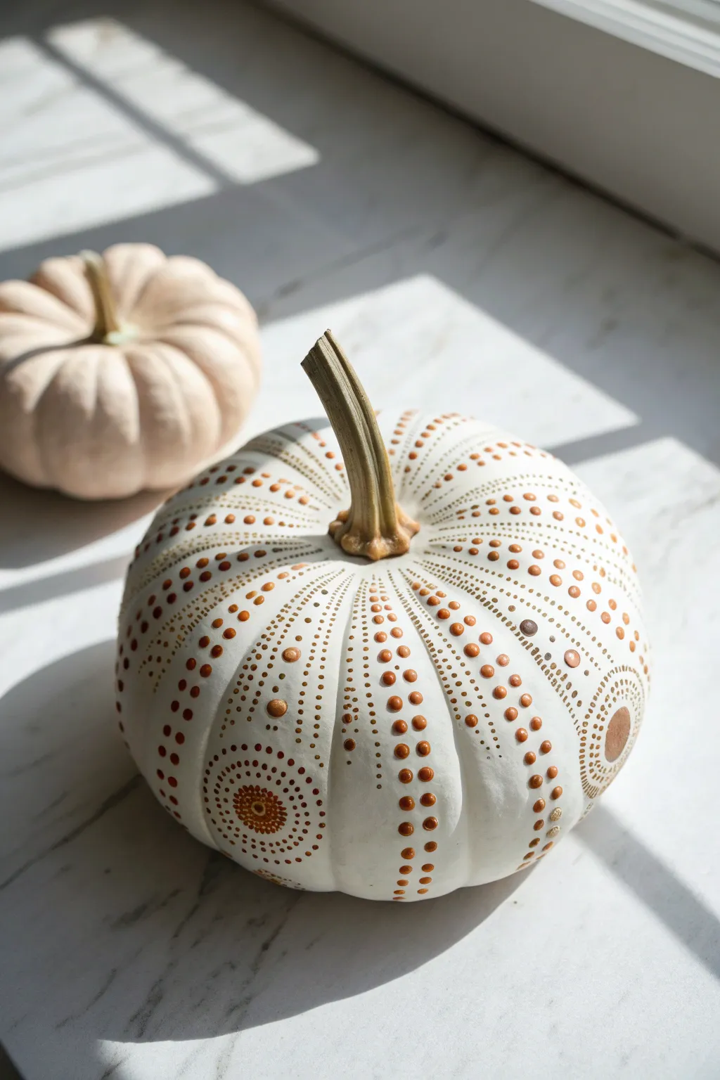 Textured dot mandala on a small white pumpkin, minimalist boho palette with crisp contrast