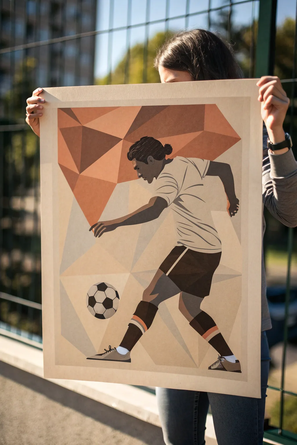 Geometric soccer poster art with clean triangles, strong contrast, and calm minimalist boho tones