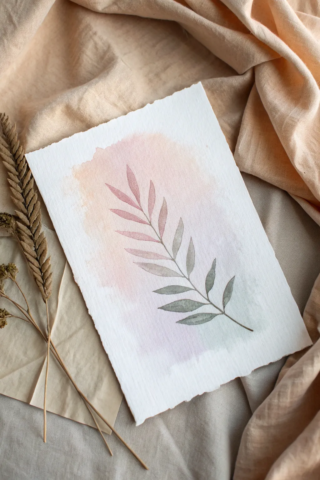 Soft pastel wash with a crisp white leaf silhouette, minimal and calming negative space art.