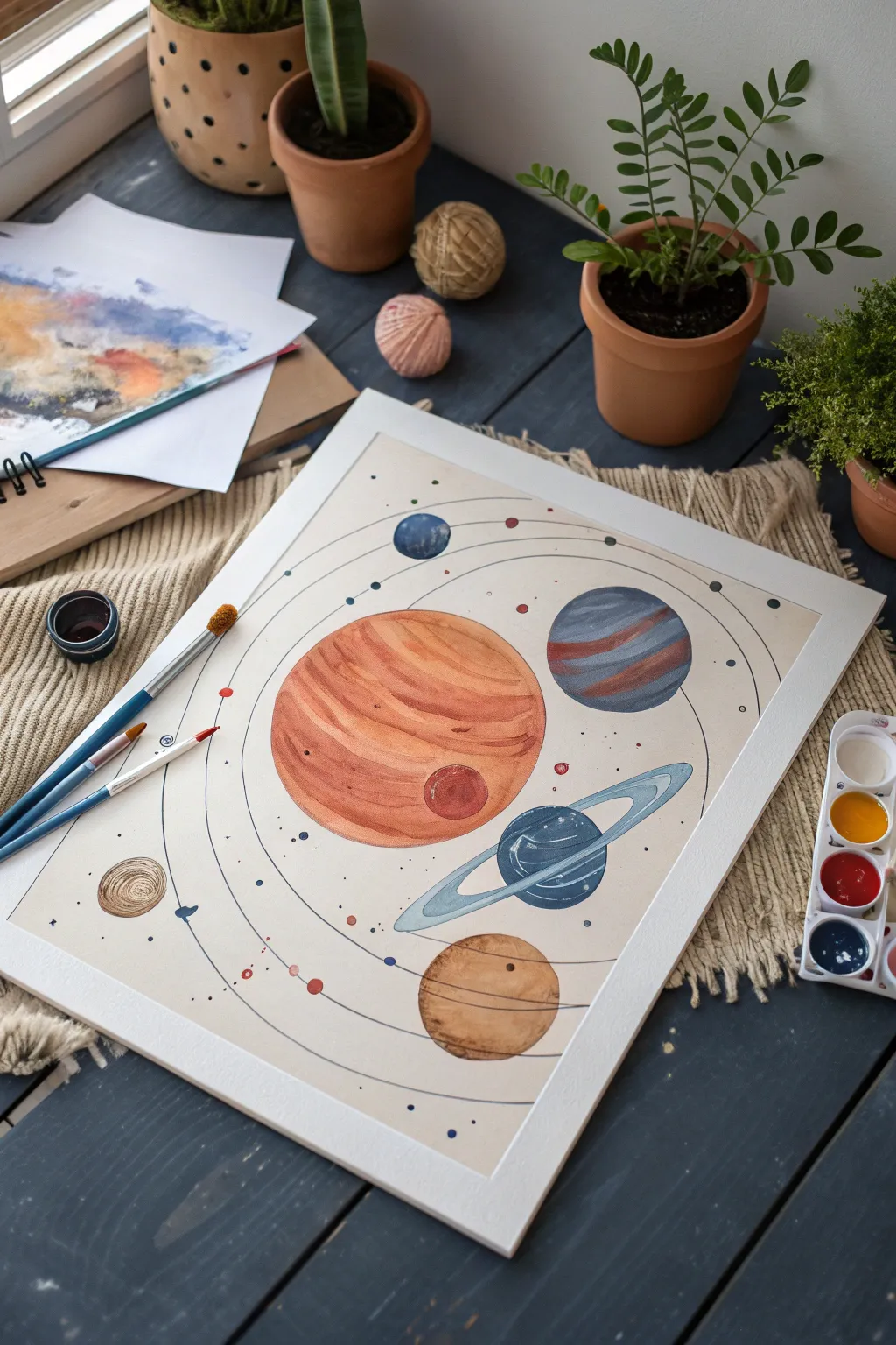 Abstract planet energy swirls and orbit trails in a minimalist boho solar system painting