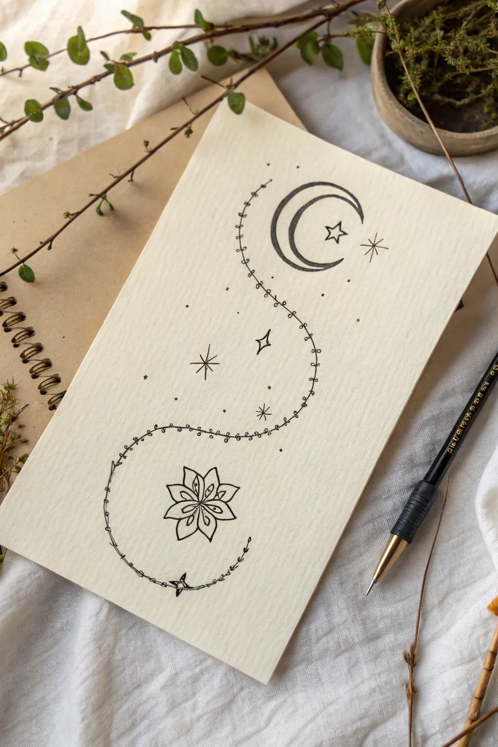 One continuous line becomes a calm face, an energy spiral, and a moon with stars in ink.