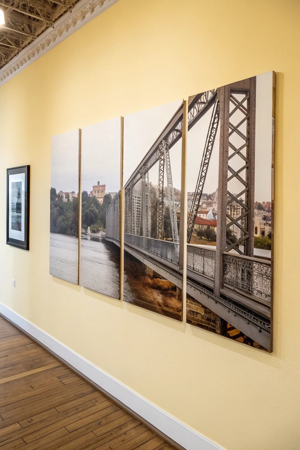 Create a torn-edge collage illusion across split canvases for a minimalist boho statement piece.