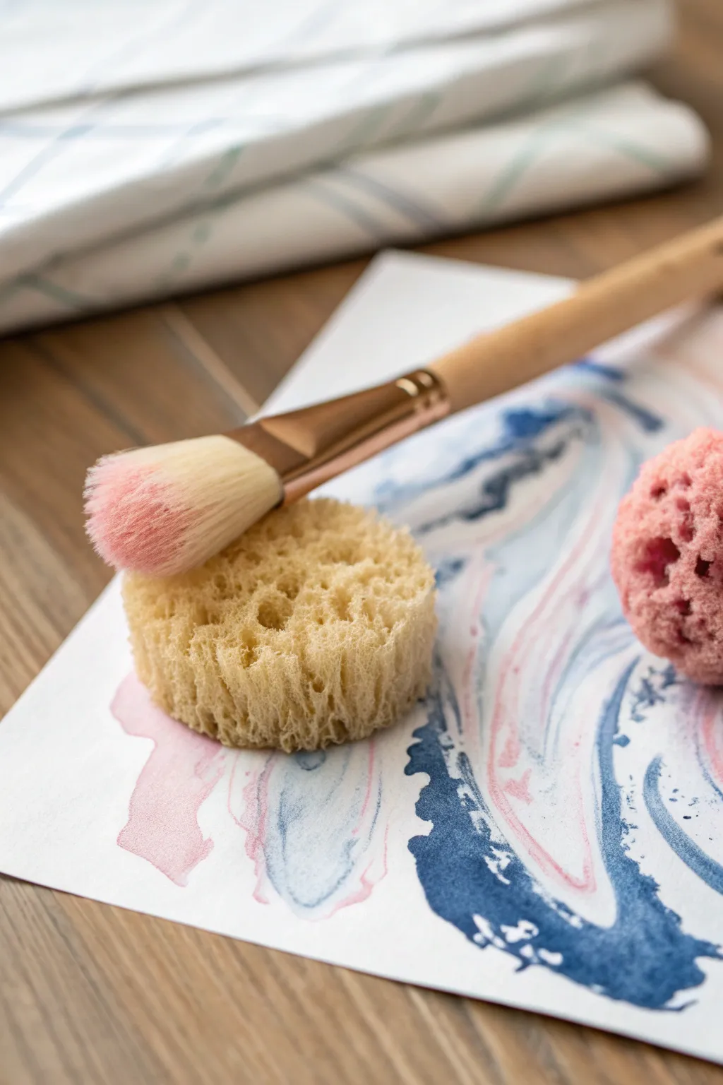 Two-color sponge marble swirls in blush and indigo, clean minimalist look with artisan texture