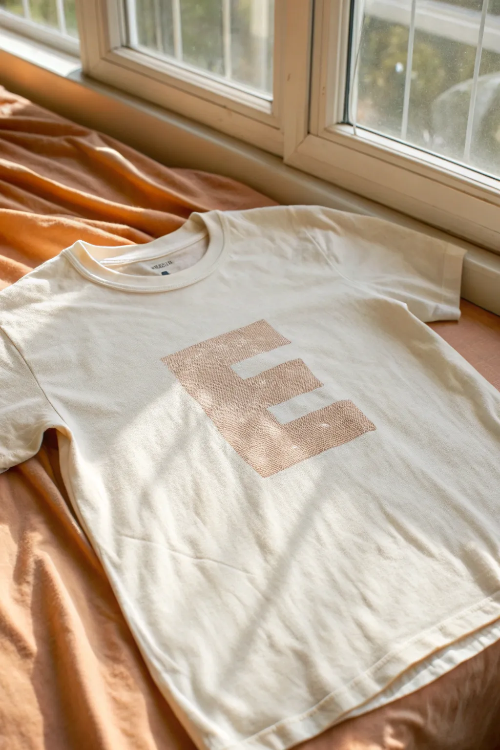 Reverse stencil spray paint tee with bold cutout letter and subtle overspray, minimalist boho style.