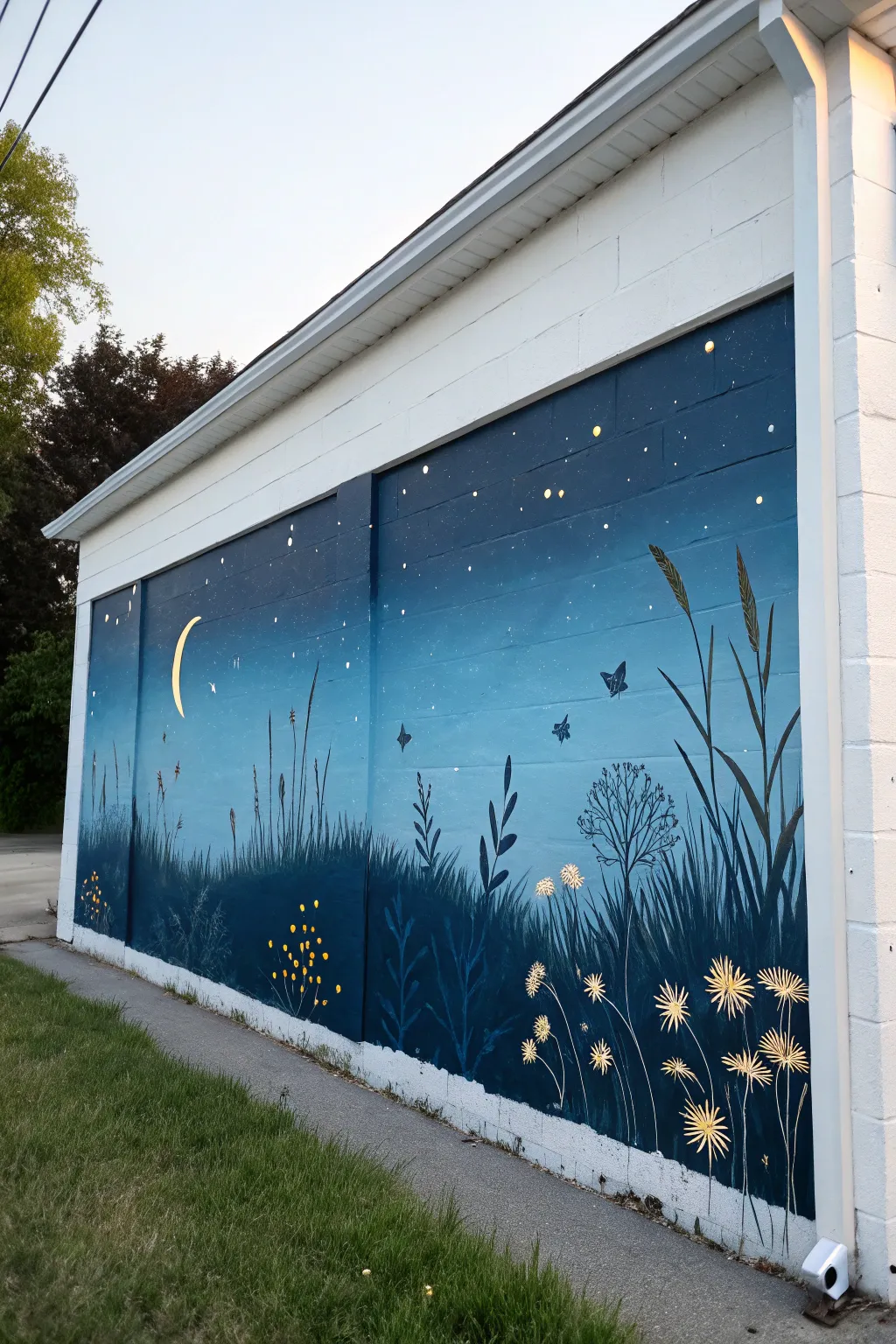 Spring night mural idea: deep blue twilight, wildflower silhouettes, and softly glowing fireflies