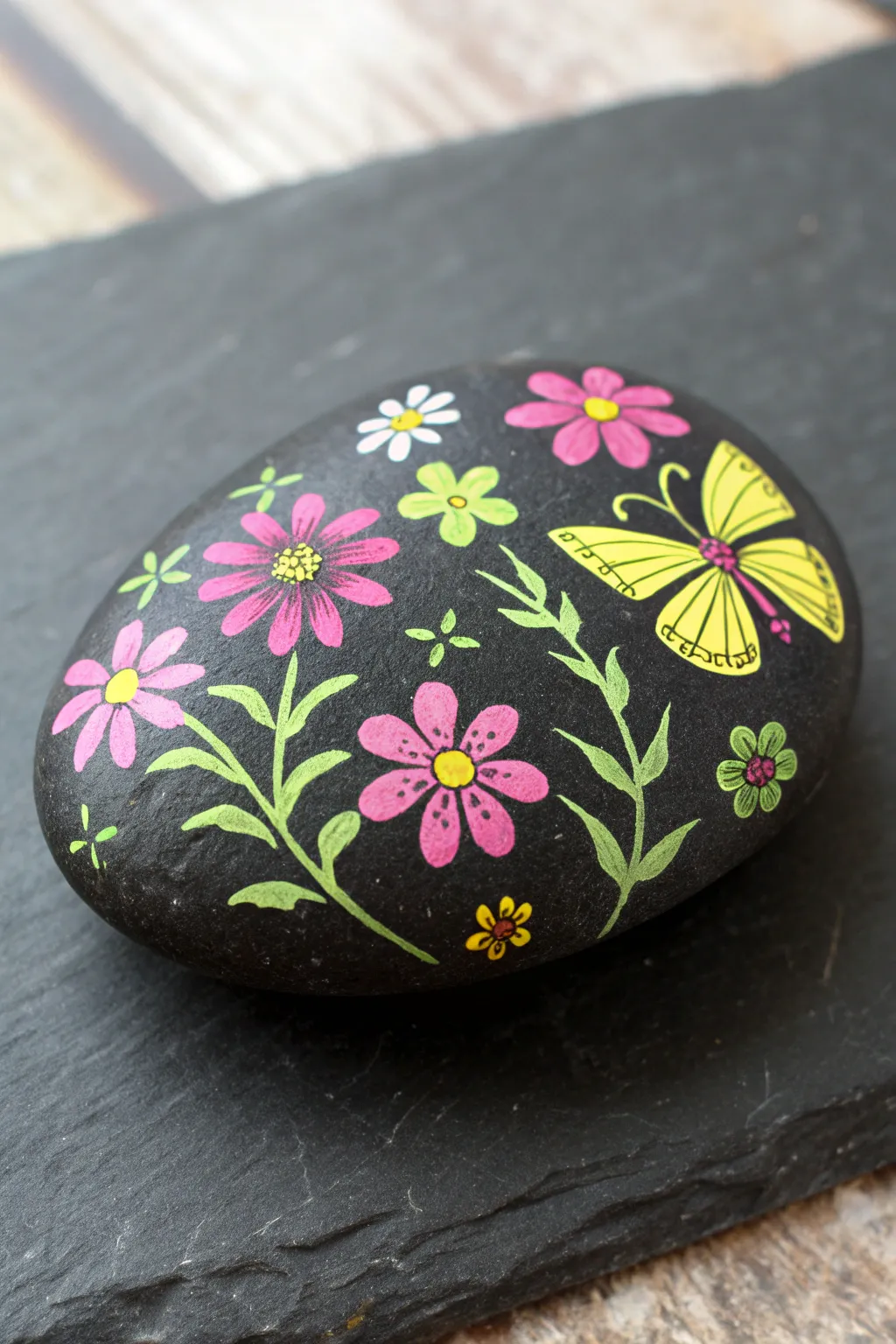 Neon spring florals and butterflies on a dark rock, popping against matte black slate.