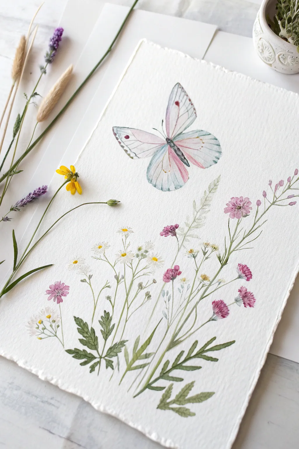 Airy spring watercolor: a delicate butterfly floating above loose, bright wildflowers.