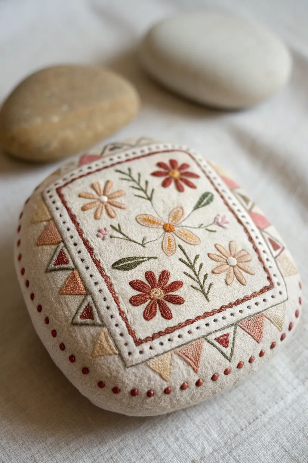 Faux stitched sampler square rock in soft neutrals, minimalist boho craft inspiration
