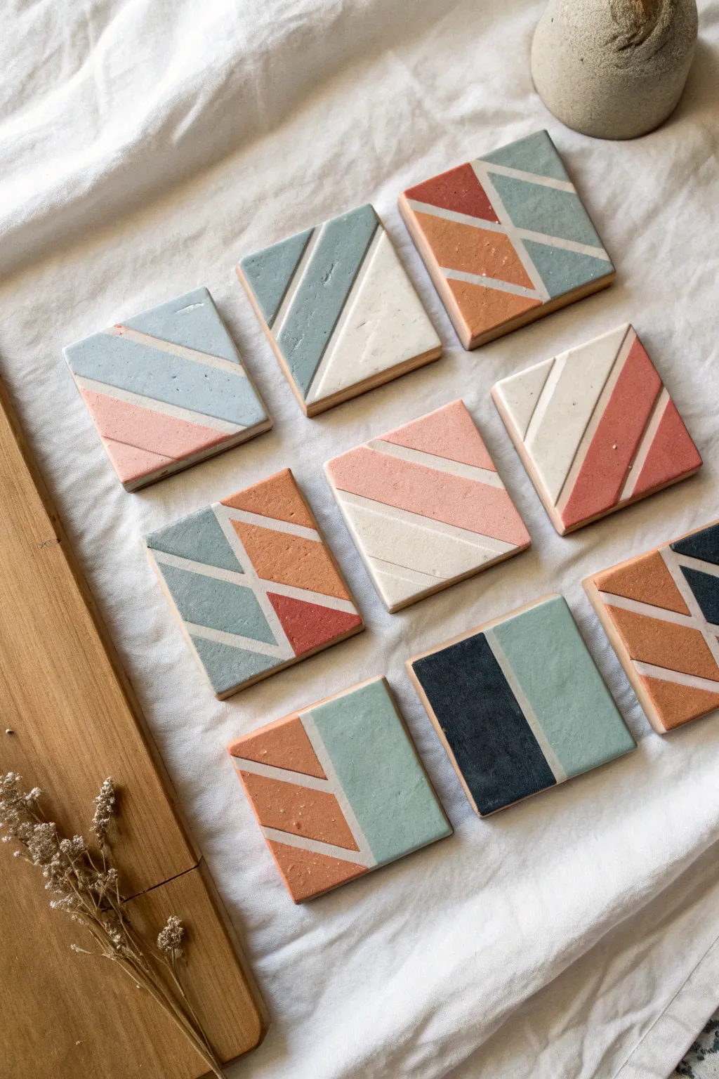 Mini squeegee series on tiny canvases, soft boho palettes in a minimalist grid collection.