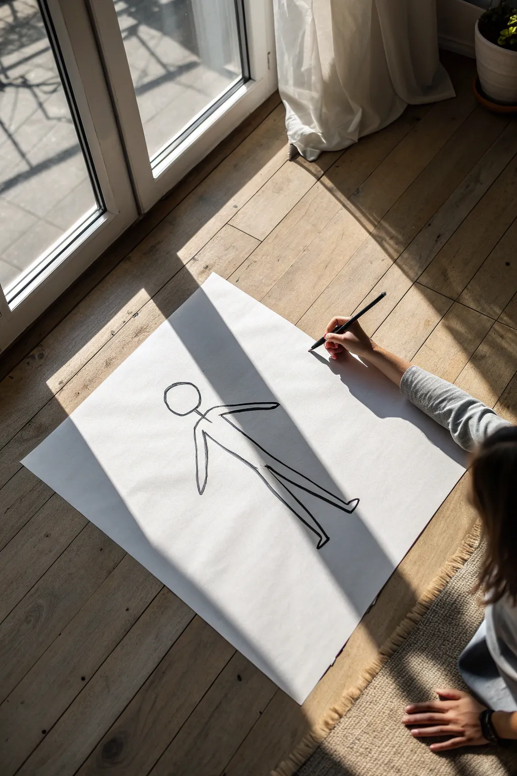 One continuous-line stickman with a faint first try behind it, clean minimal and calming.