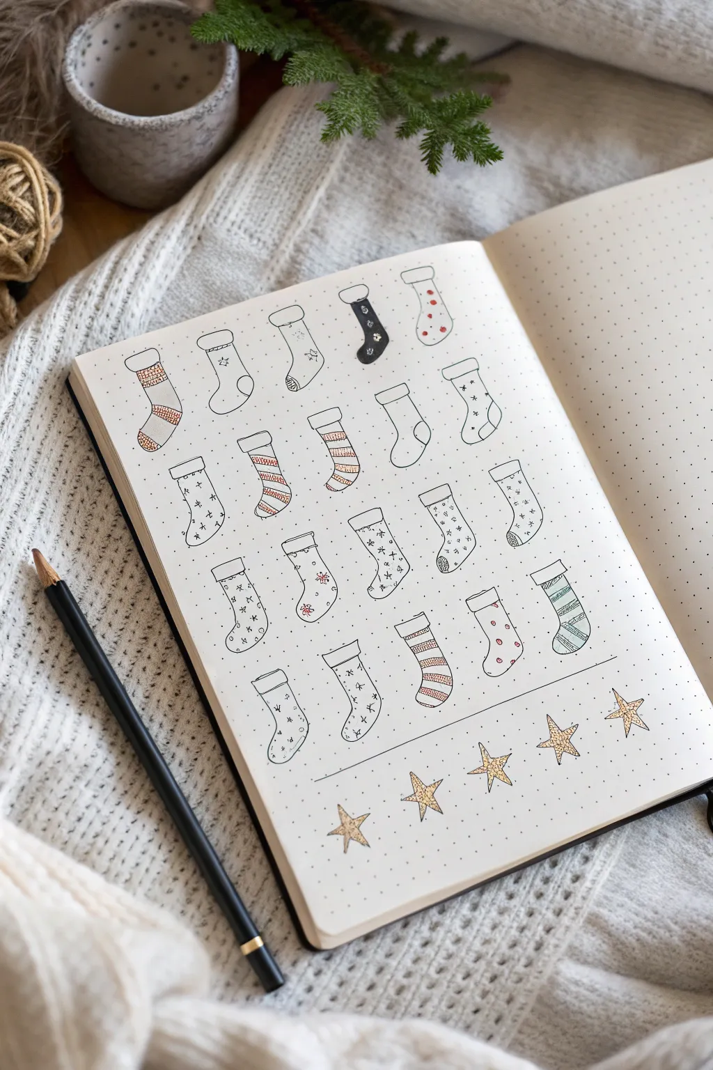 Mini stocking doodles on clean white paper, perfect for simple handmade gift tags