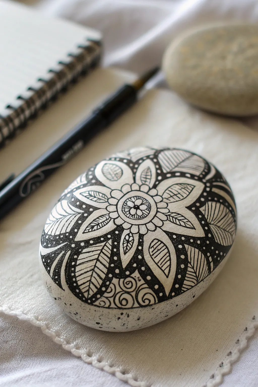Zentangle doodle stone close-up for calm, minimalist stone painting inspiration at home.