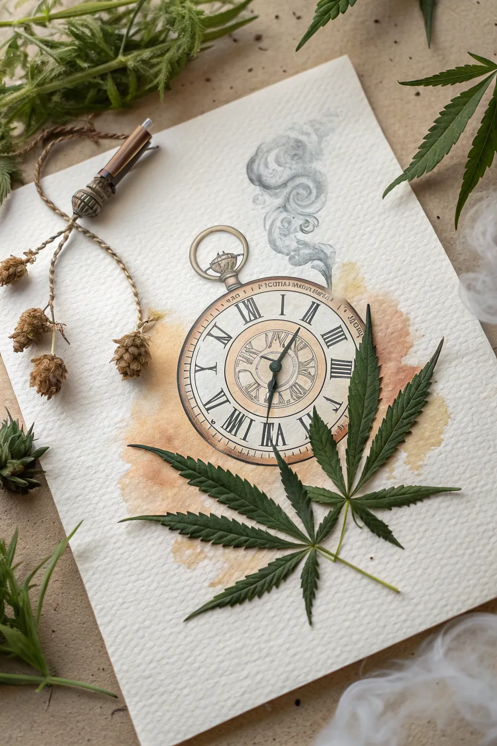 A dreamy time-dilation clock tangled in cannabis vines, soft smoke haze and clean boho minimalism.
