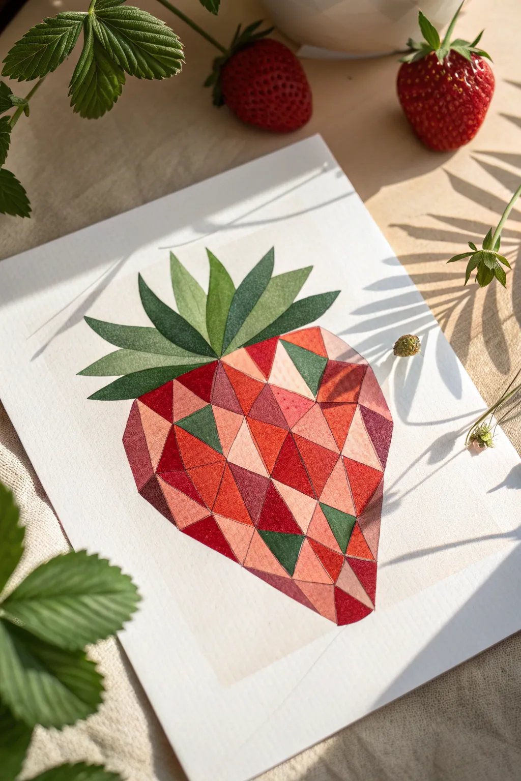 Geometric abstract strawberry blocks in clean Scandinavian minimal style with a soft boho palette