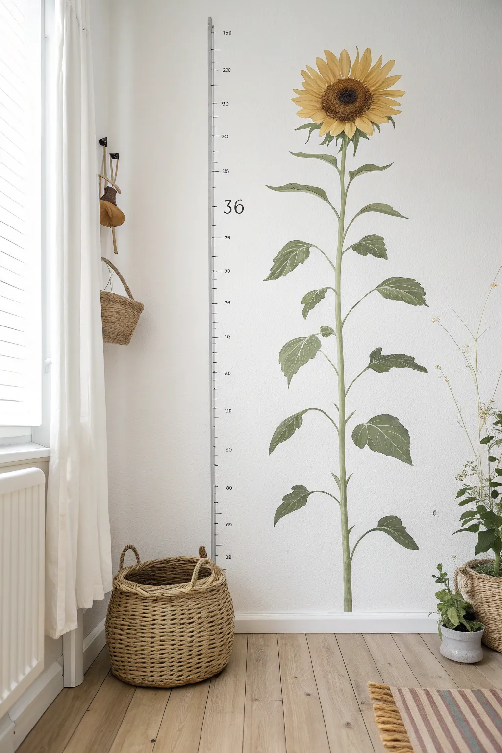 Ceiling-to-floor sunflower growth chart mural with subtle tick marks in a calm boho-minimal style