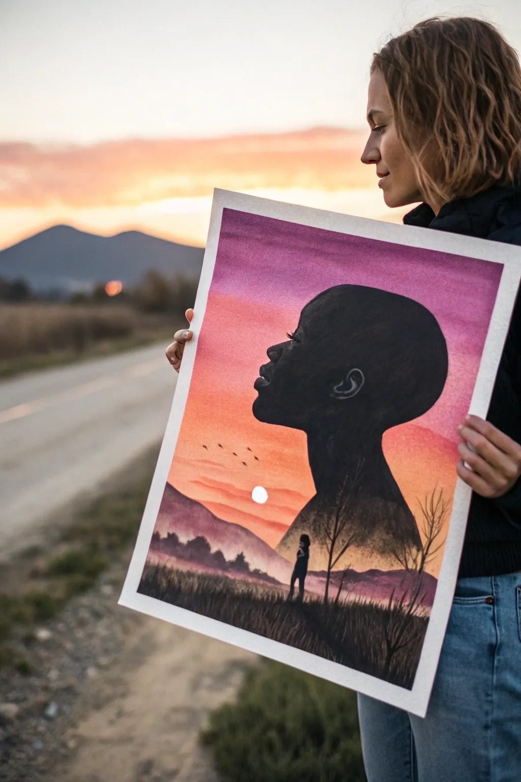 Modern double-exposure sunset silhouette portrait idea with bold black profile and dreamy gradient sky