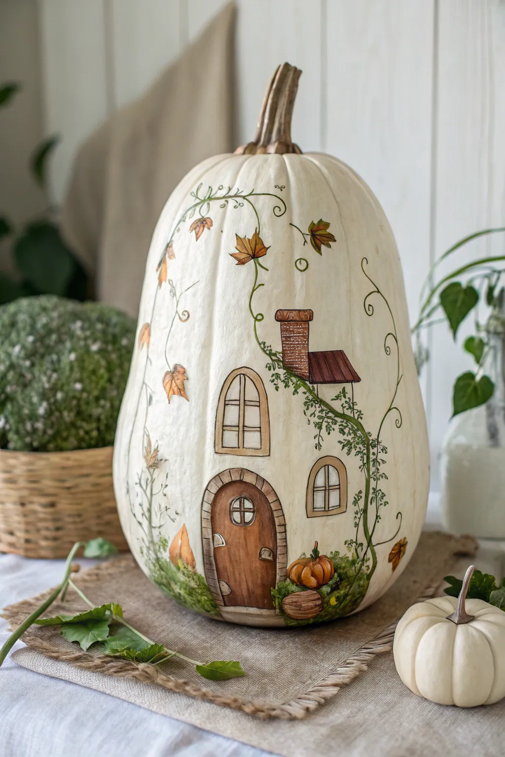 Whimsical tall pumpkin with a tiny front door and vines, in minimalist Scandinavian boho style