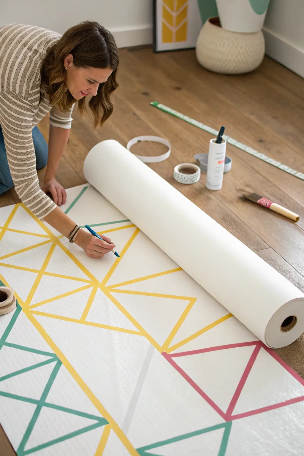 Oversized tape mural in progress, bold geometric lines and playful color, calm studio vibe