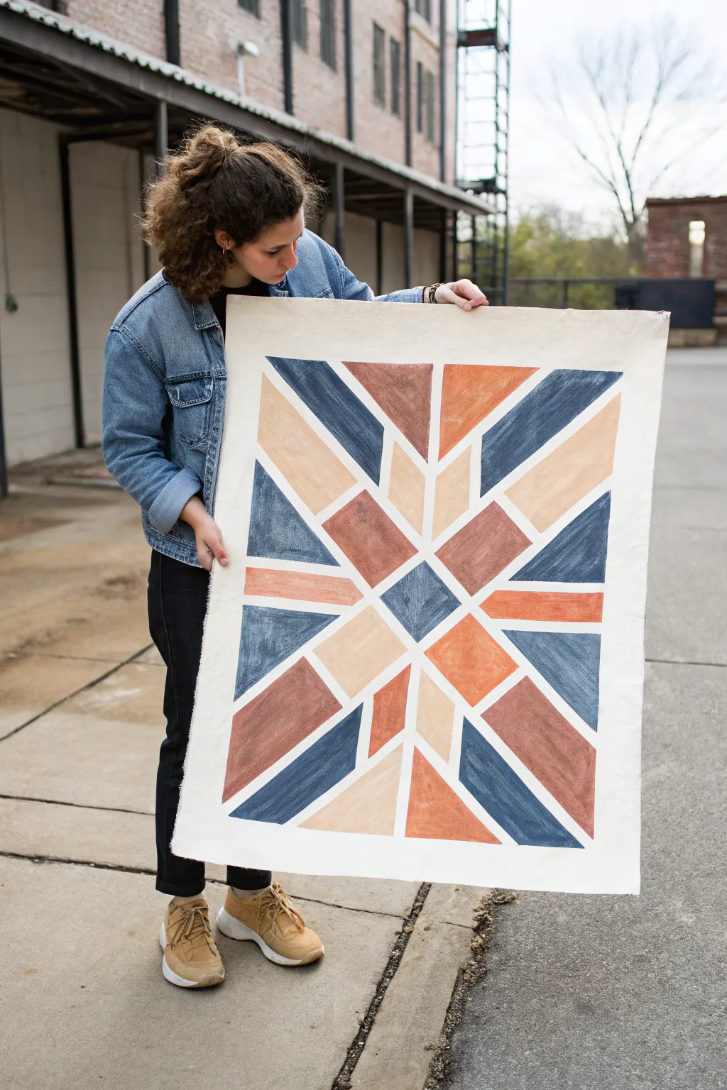 Crisp tape lines plus torn edges create a calming abstract with bold contrast and handmade texture