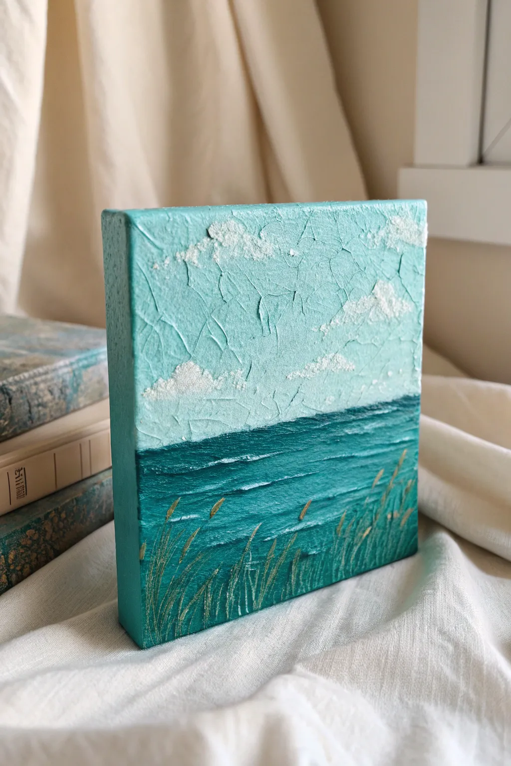 Teal palette-knife landscape with bold impasto ridges for a calm minimalist boho mood