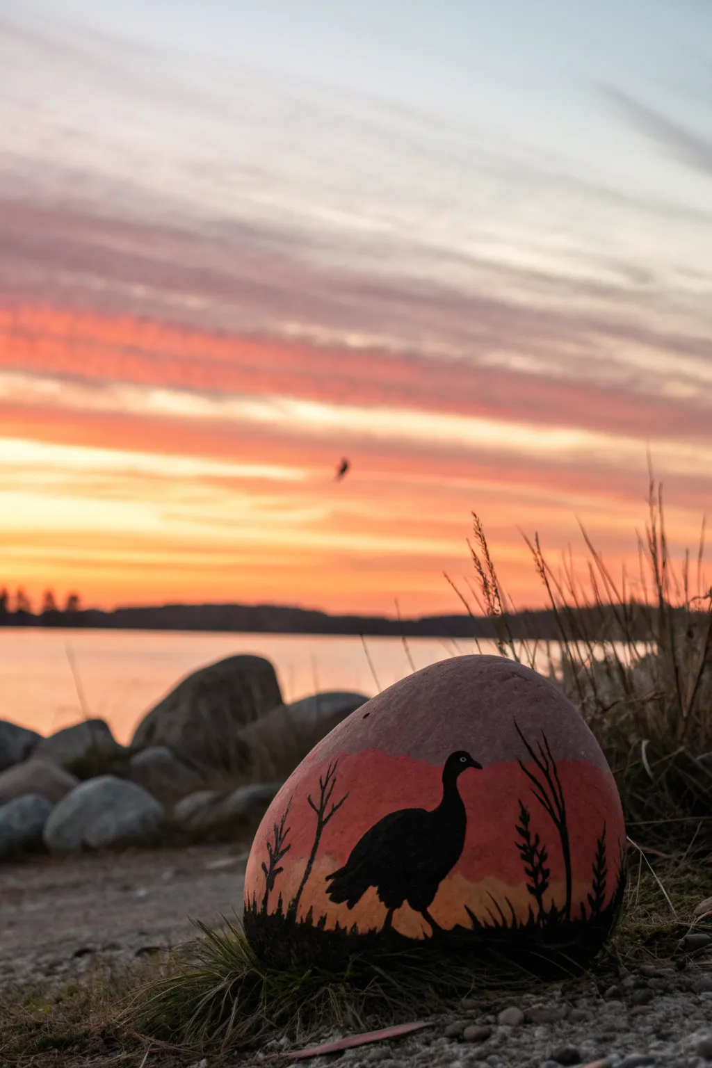 Sunset turkey silhouette rock painting with warm fall gradient, simple lines, and cozy Thanksgiving charm