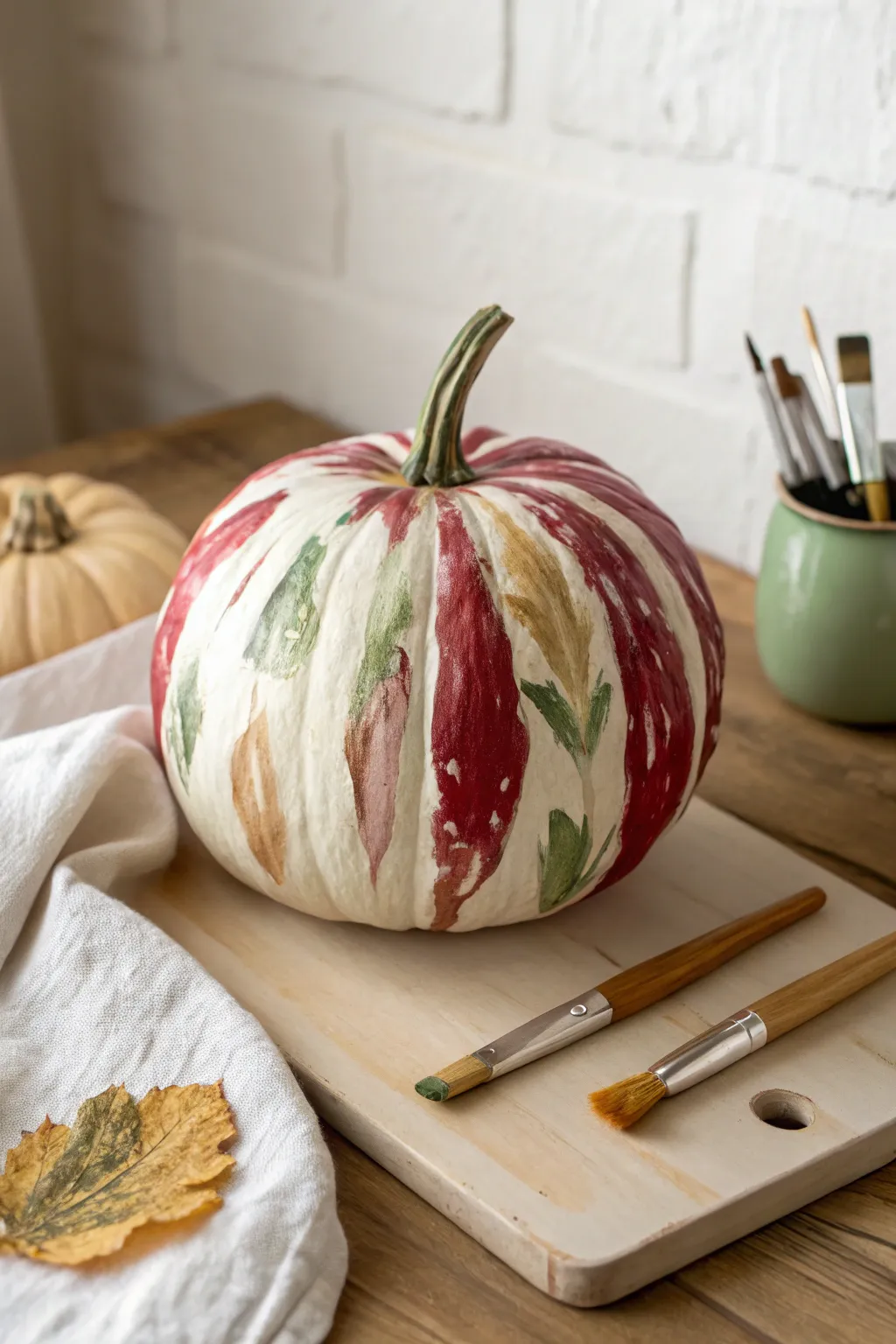 Abstract cranberry and sage brushstrokes transform a pumpkin into chic Thanksgiving decor.