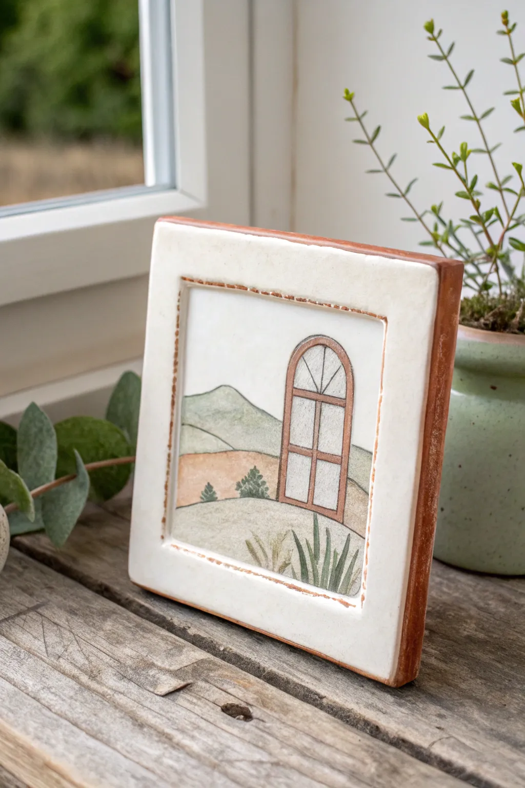 Tiny window tile with a minimalist landscape, Scandinavian calm with a hint of boho charm.