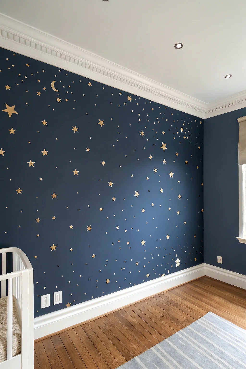 Night sky accent wall with hidden glow stars, minimalist and cozy for a toddler boys room