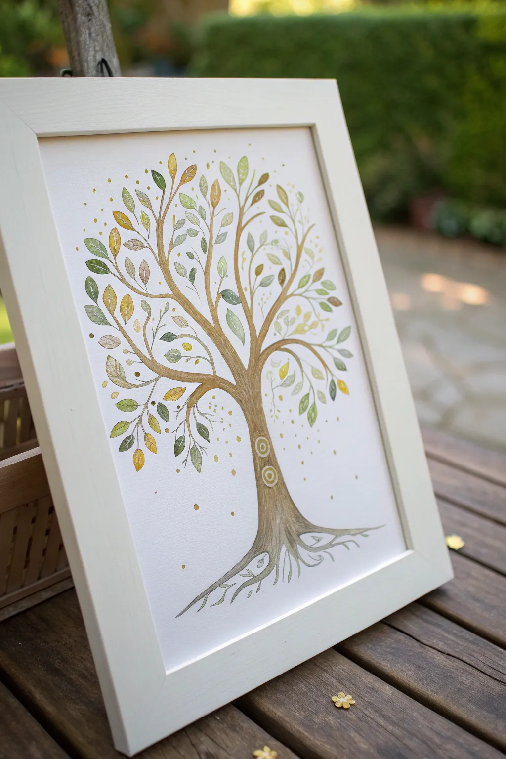 Dreamy Tree of Life with floating glow-orbs and seed-like dots in a minimalist boho style