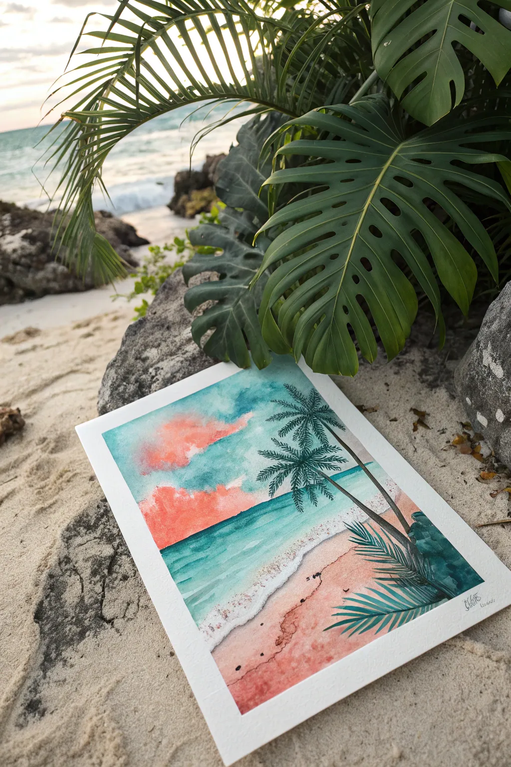 Create tactile tropics: sand texture and bold leaf prints over sunlit watercolor washes.