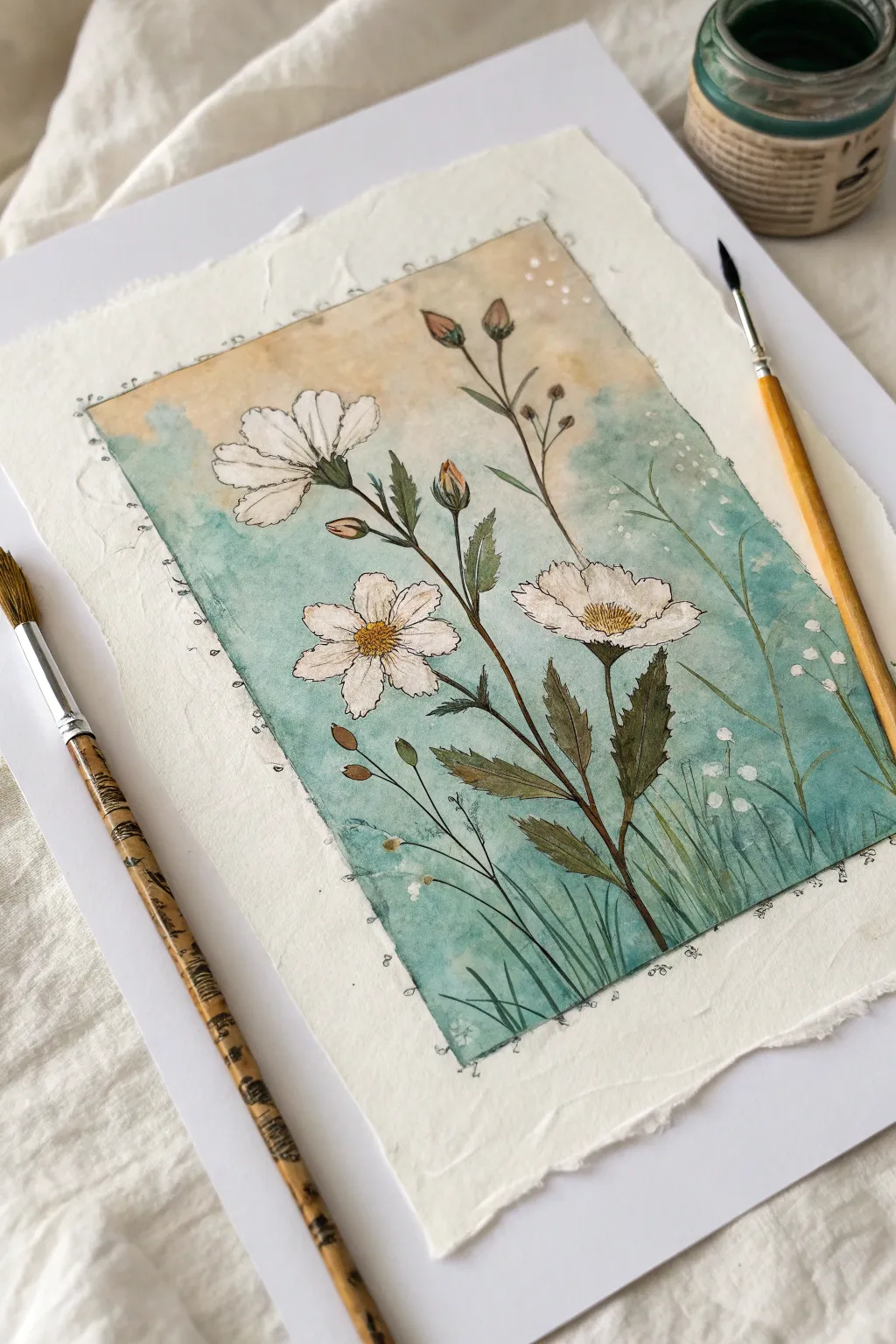 Torn-paper textures under a translucent turquoise wash for an artsy, tactile mixed-media look