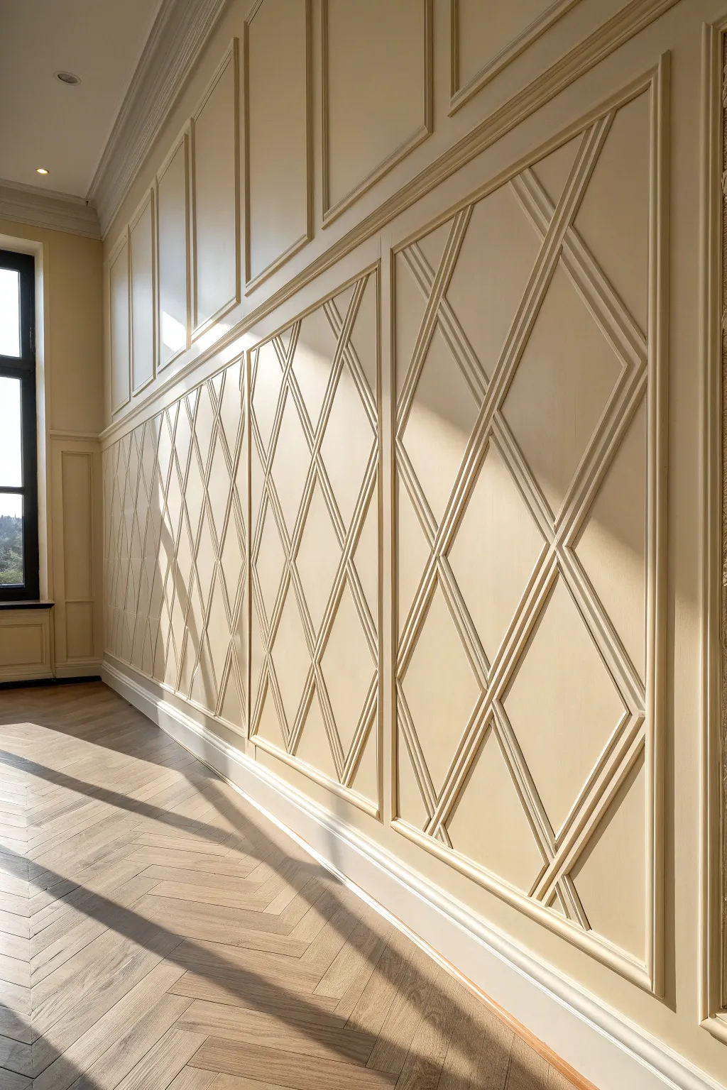 Elevate your walls with intricate geometric wainscoting details for added texture.