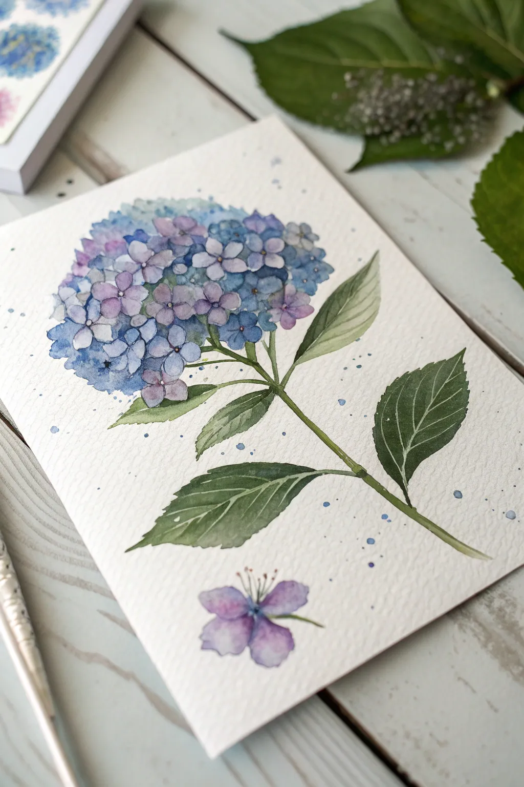 Bubble-texture hydrangeas in watercolor for a playful, speckled bloom with minimalist charm