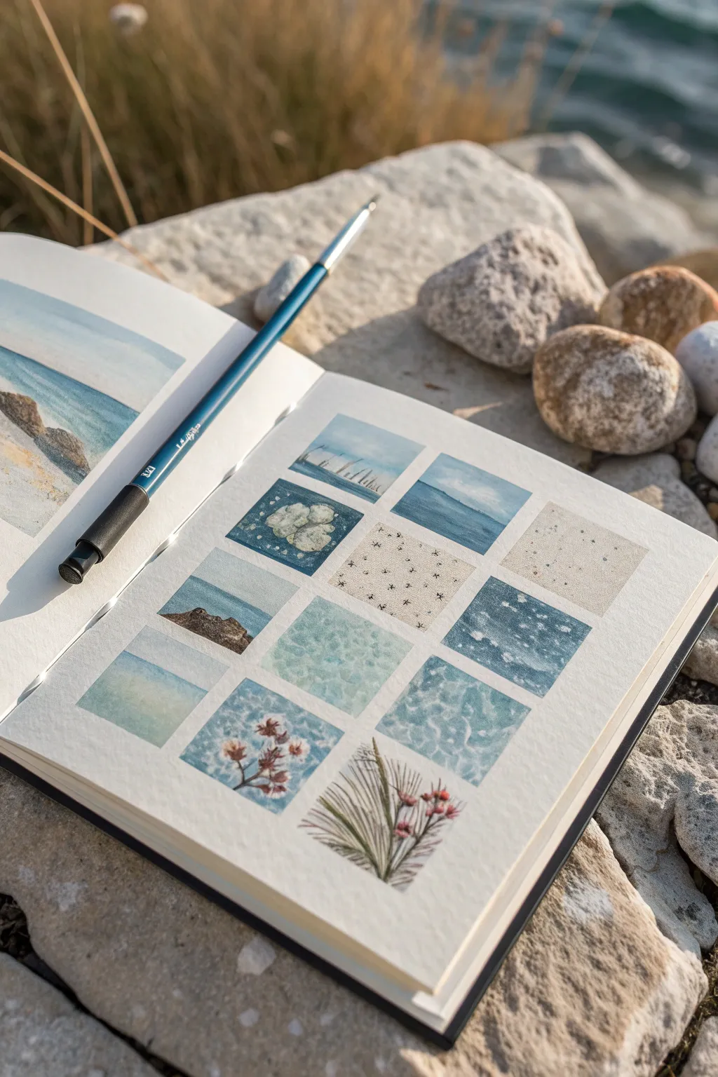 Mini watercolor swatches become tiny scenes with salt blooms and pen splatter magic.