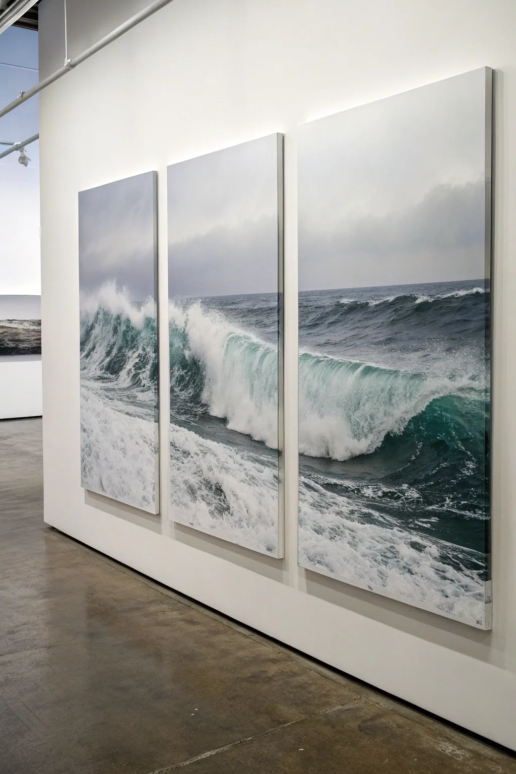 Triptych white wave: one continuous dark-to-light motion with crisp white foam across panels