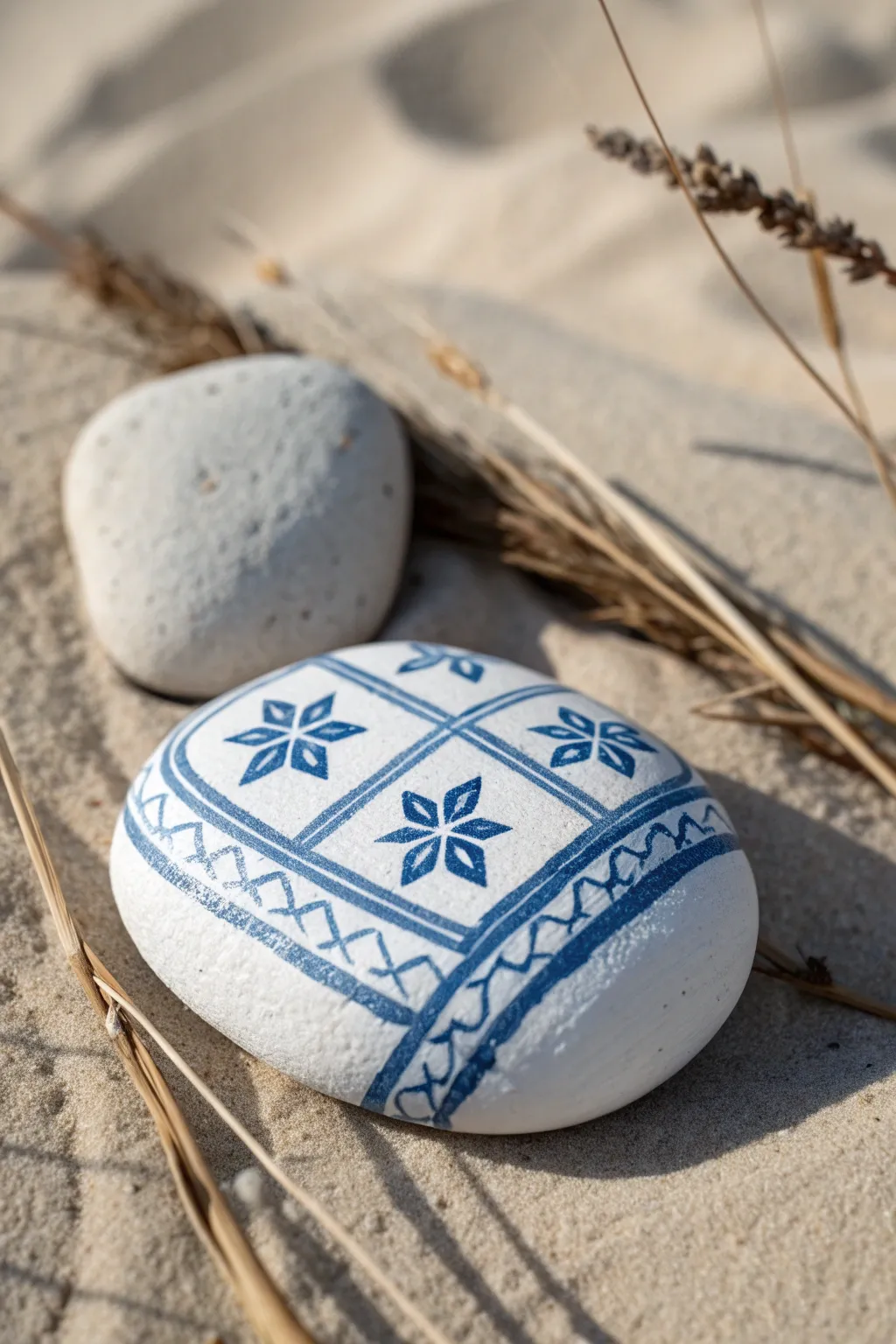 Blue tile pattern on a white rock, a minimalist boho craft idea for calming coastal vibes.