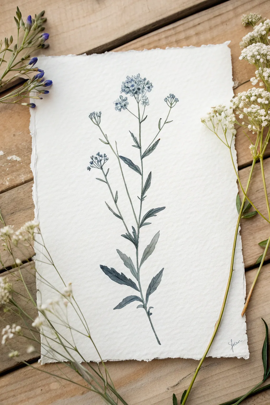 Monochrome wildflower study in one hue plus white, focusing on value and simple shapes