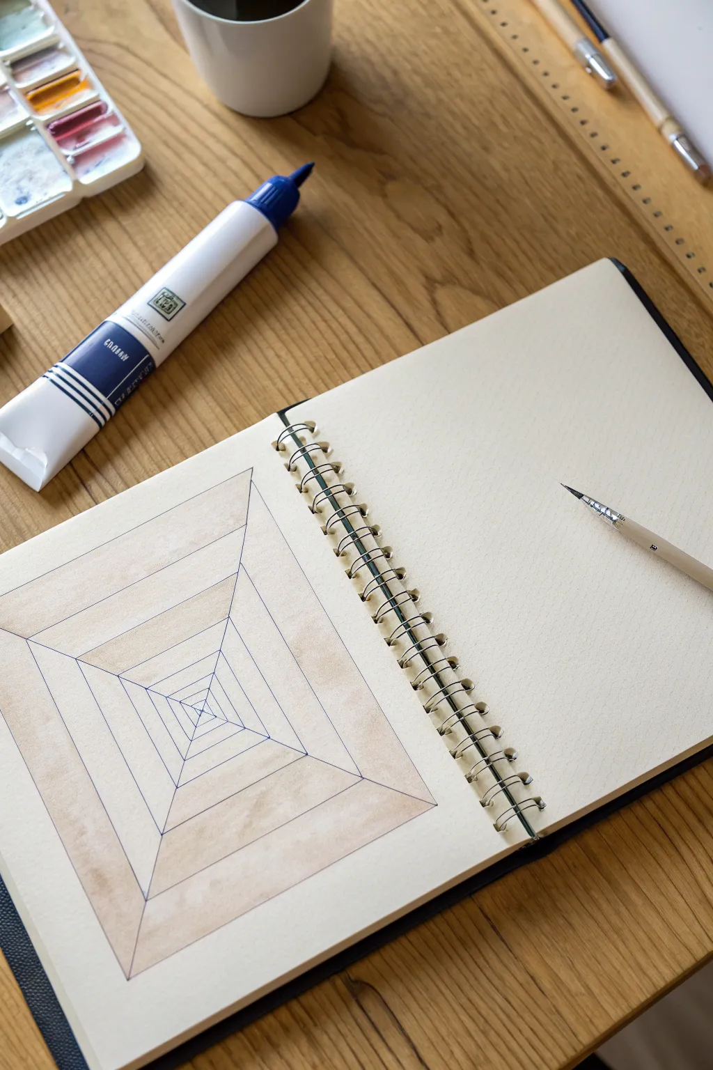 Floating boxes drip paint, but a spotless winding tube leads your eye straight to the vanishing point.