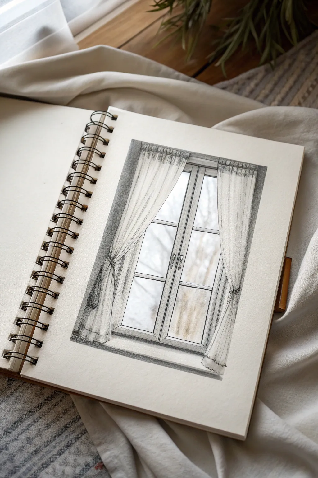 Minimal window sketch with soft curtains and gentle light for cozy, feminine interior drawing ideas