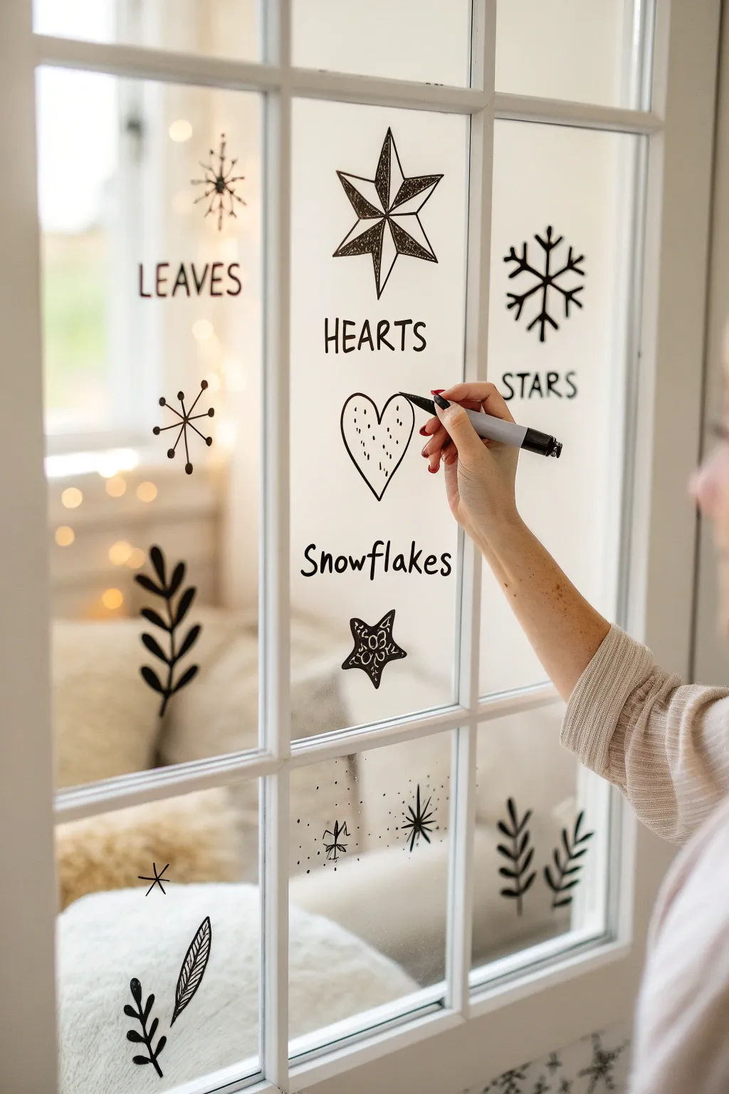 Removable seasonal doodles on a window, simple bold lines for an easy cozy DIY refresh