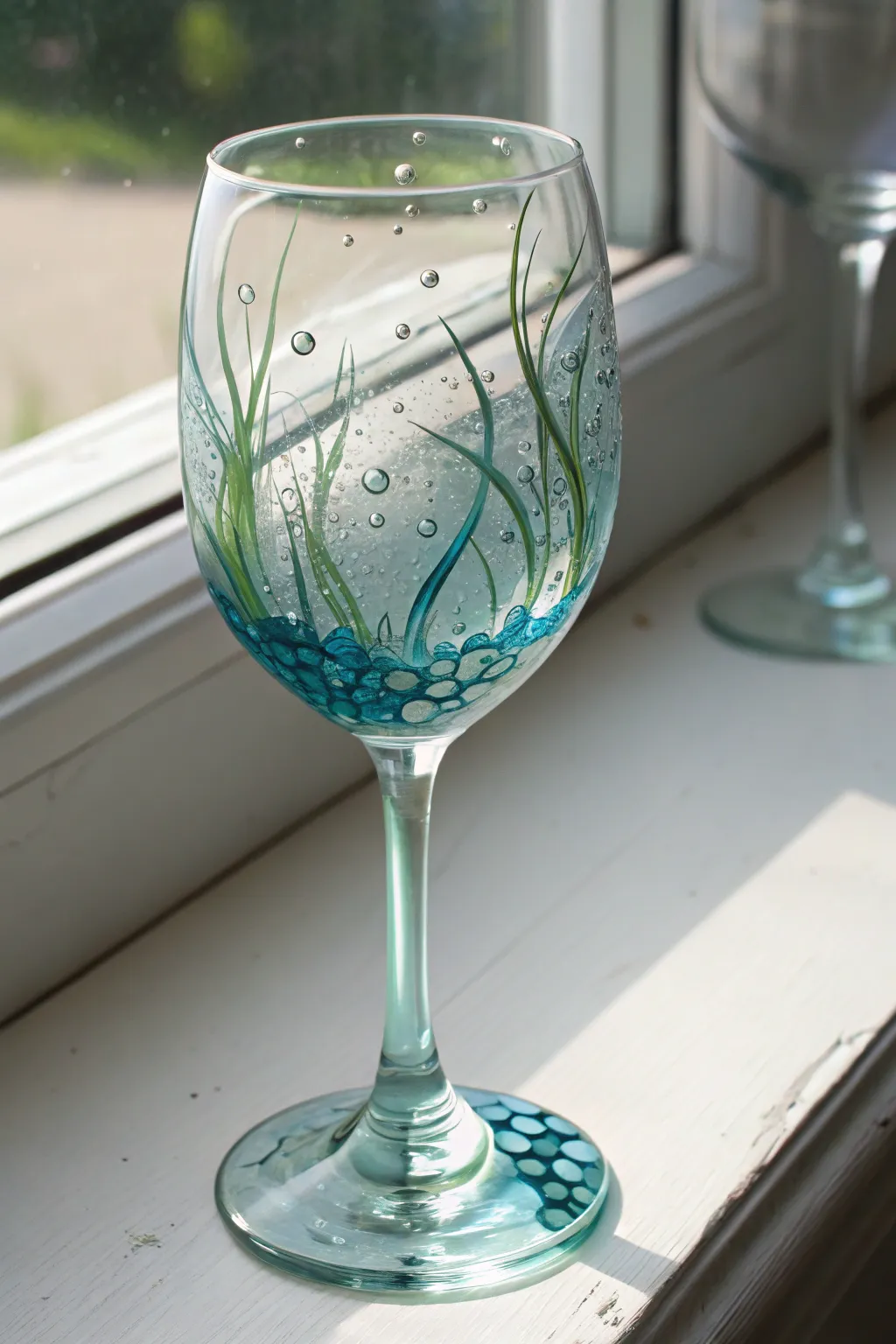 Under-the-sea wine glass painting: flowing seaweed, bubble dots, and calming blue-green layers.