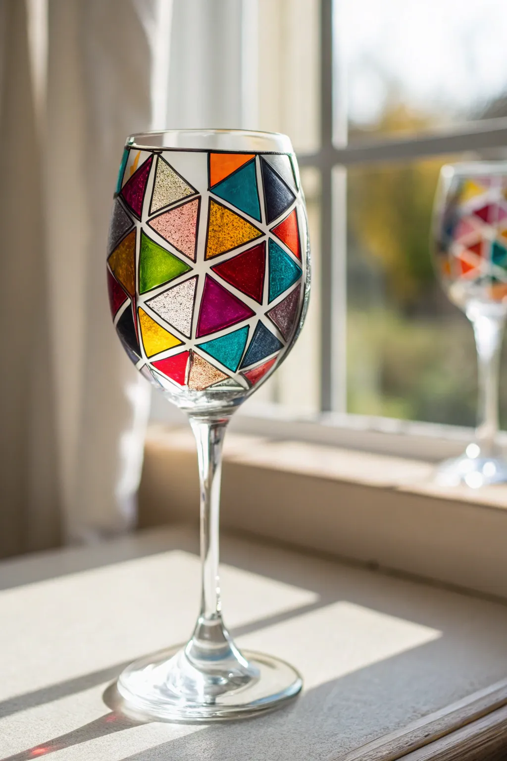 Stained-glass geometric panels make this wine glass glow with modern, handcrafted color