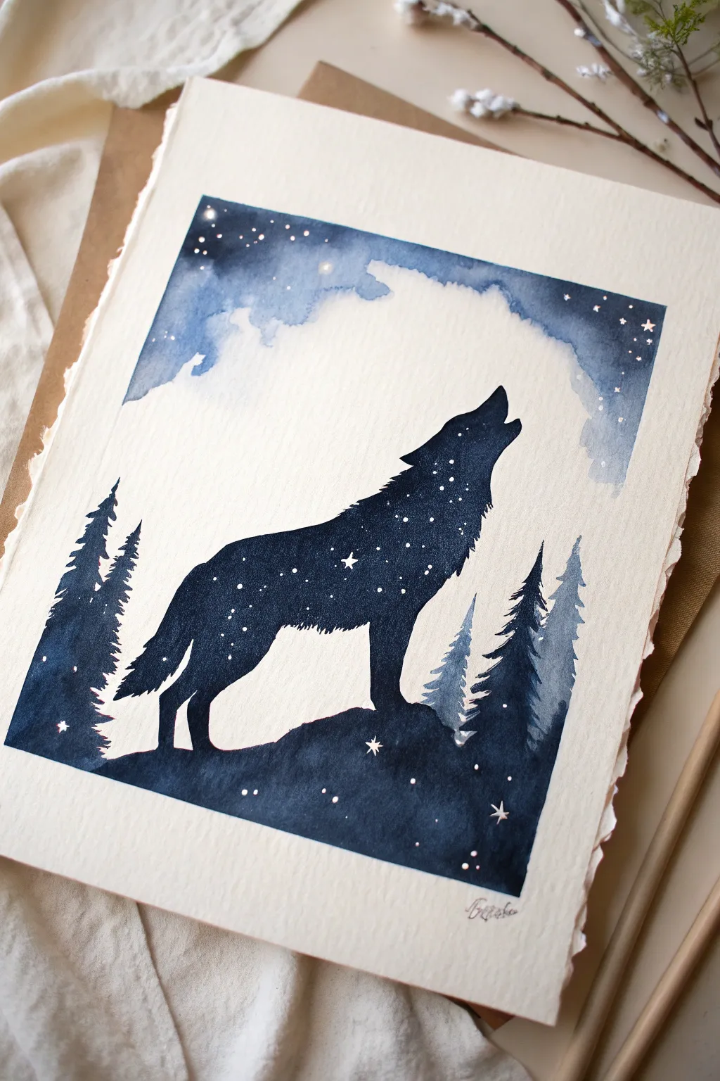 Crisp tape-resist wolf reveal against a deep star-splattered night sky, clean and minimalist