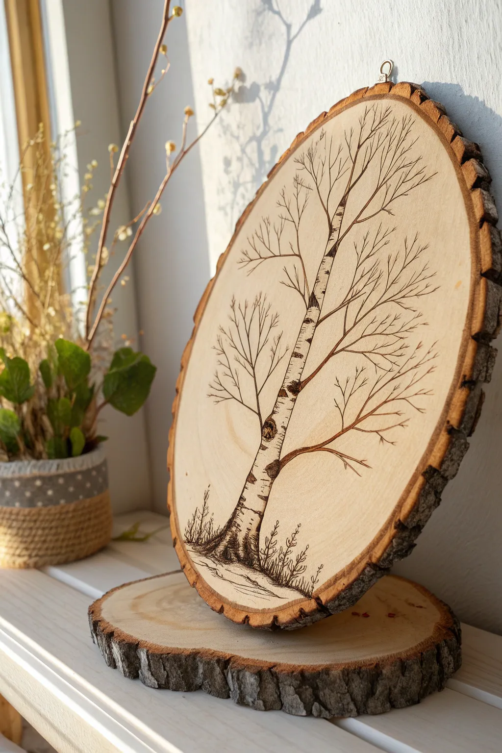 Burned outlines and soft pencil shading turn a simple wood round into a cozy birch scene.