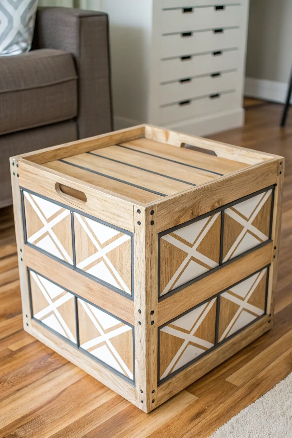 Painted faux wood inlay turns a simple crate into a chic, high-end side table accent.