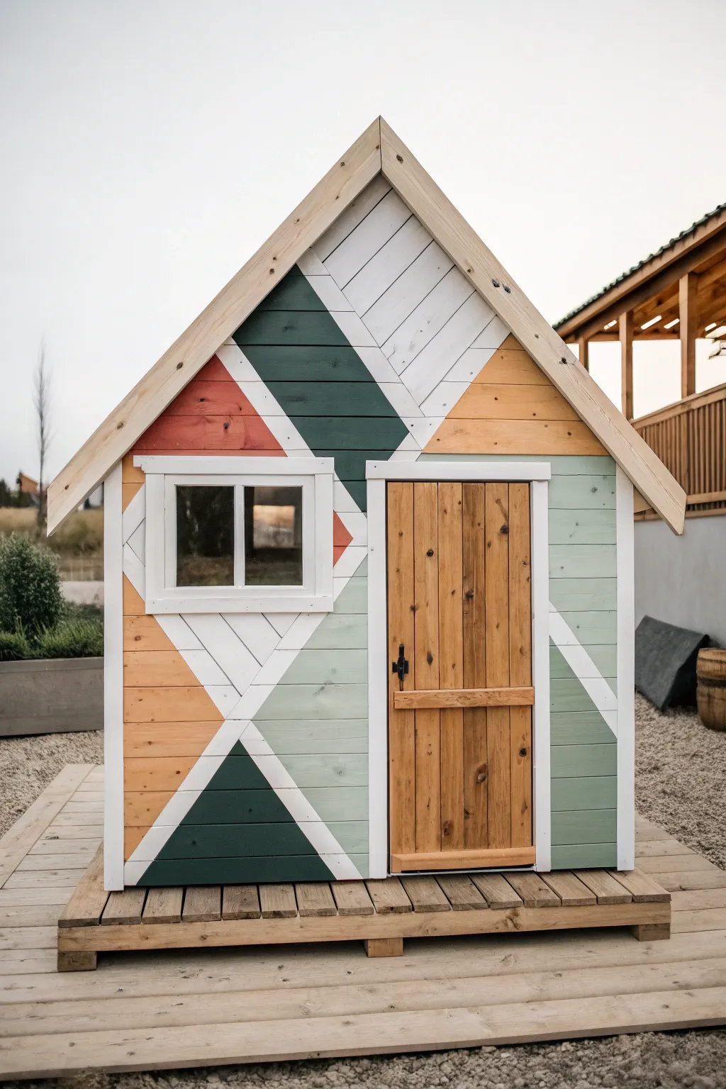 Mini modern playhouse with crisp geometric color blocks in soft boho Scandinavian hues.