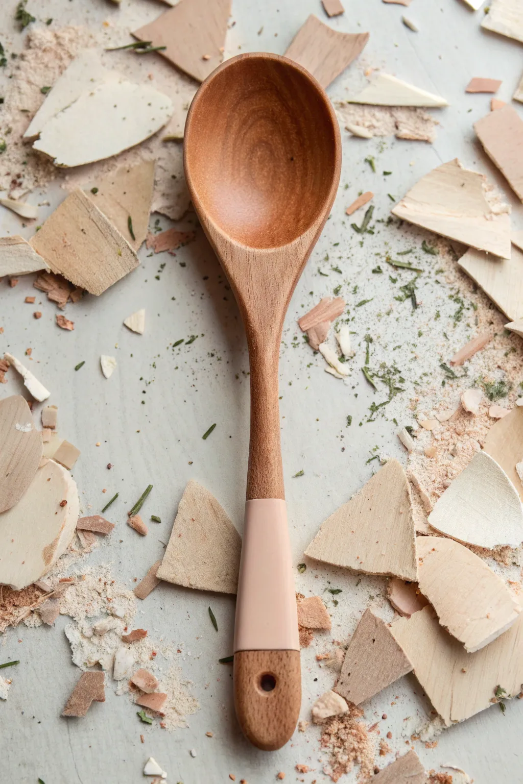 Half-finished wooden spoon with painted base and sealed paper collage, minimalist boho contrast