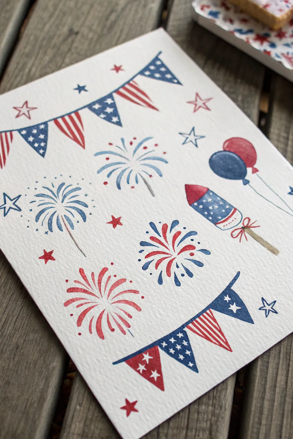Mixed-media mini icon grid in bold red, white, and blue for chic 4th of July painting inspo
