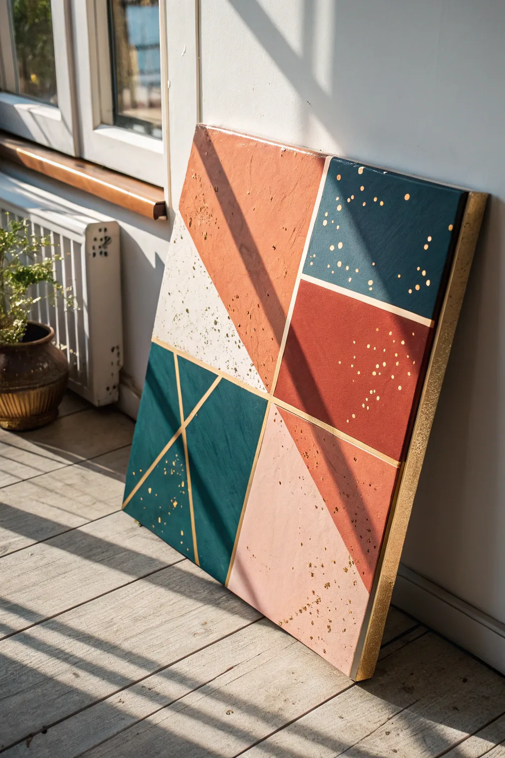 Matte color blocks paired with delicate metallic gold accents for a bold minimalist art idea