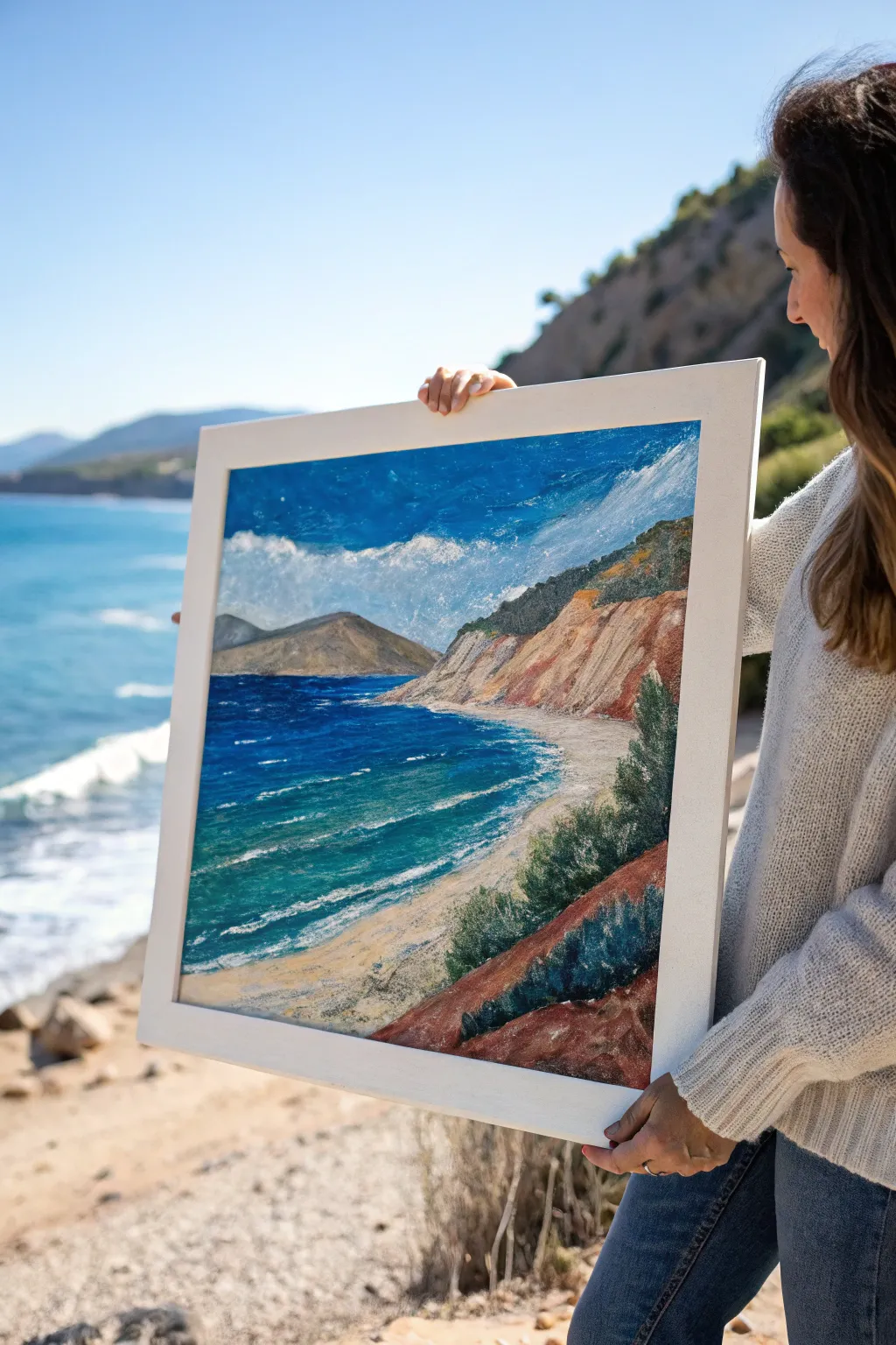 Mixed-media acrylic landscape with torn-paper texture, bold color, and minimalist studio calm.